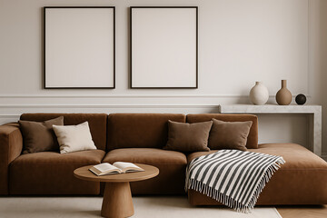 Minimalist living room with a brown modular sofa and two black-framed empty frames on a white wall