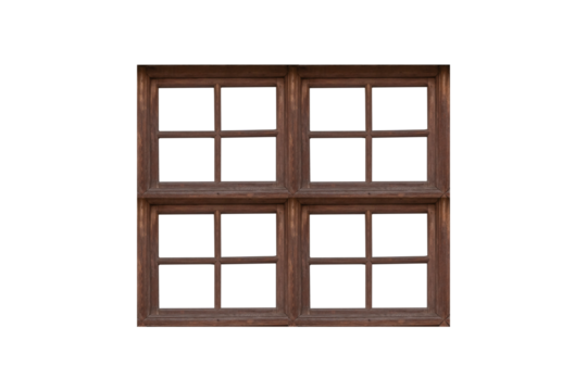 Vintage wooden window frame with four sections with bars is isolated.
