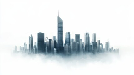 Fototapeta premium Sprawling urban metropolis shrouded in thick blanket of morning mist and heavy fog creating mysterious and atmospheric cityscape scene with tall building silhouettes