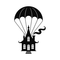 Flying House with Parachute Black and White Vector Illustration Design