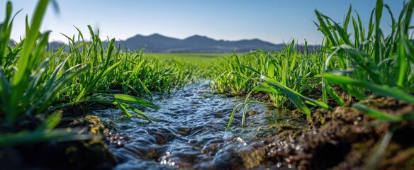 Obraz premium The irrigation stream running through a green crop field toward distant blue mountains at sunrise