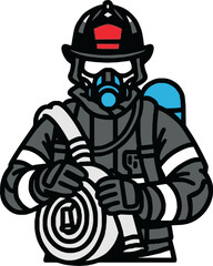 A stylized illustration of a firefighter holding a rolled-up hose, ready for action.