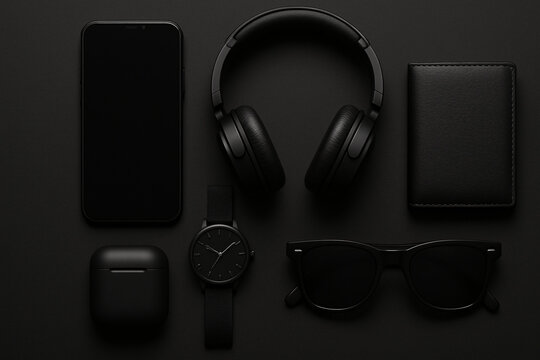 Minimalist flat lay of all-black essentials including smartphone, watch, sunglasses, wallet, and headphones on black background
