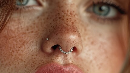 Close-up of a young person with freckles and unique nose piercings in natural light highlighting their facial features