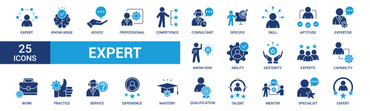 Expert icon set. Containing advice, competence, expertise, knowledge, skill, specialist, experience and more. Solid vector icons collection.