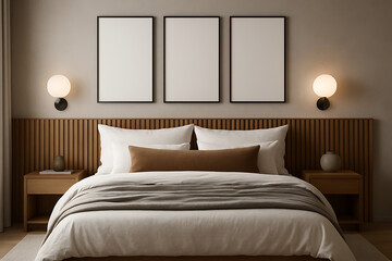 A comfortable bedroom with a wooden headboard, soft bedding, two nightstands, and three blank picture frames on the wall above the bed