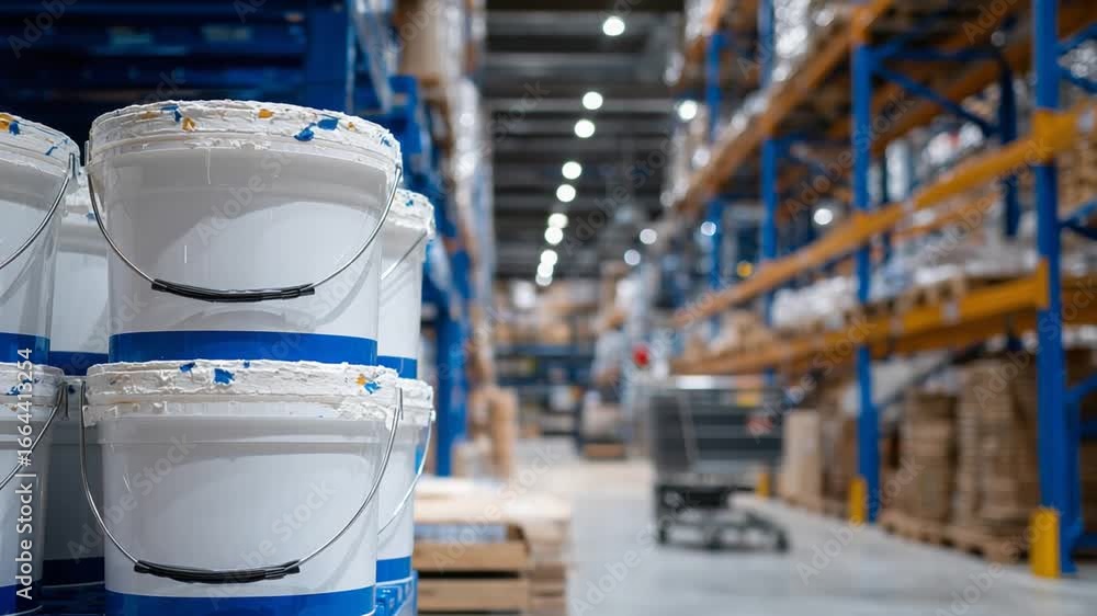Poster neatly stacked joint compound buckets with visible white paste in a store aisle, featuring a blurred