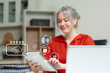 Hand touching secure access service edge icon on smartphone virtual screen background, password,...
