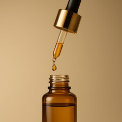 Close-up of amber liquid being dispensed from a dropper into a glass bottle against a neutral background
