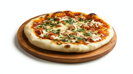 Delicious freshly baked homemade pizza topped with generous portions of savory meat and gooey melted mozzarella cheese presented on rustic circular wooden serving plate