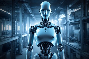 A humanoid robot stands in a futuristic factory with blue lighting.