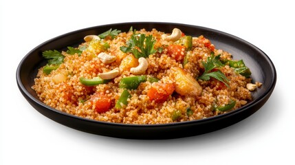 Fototapeta premium Healthy and delicious meal in stylish black bowl showcasing bed of fluffy white rice generously topped with vibrant medley of fresh crisp and colorful mixed vegetables