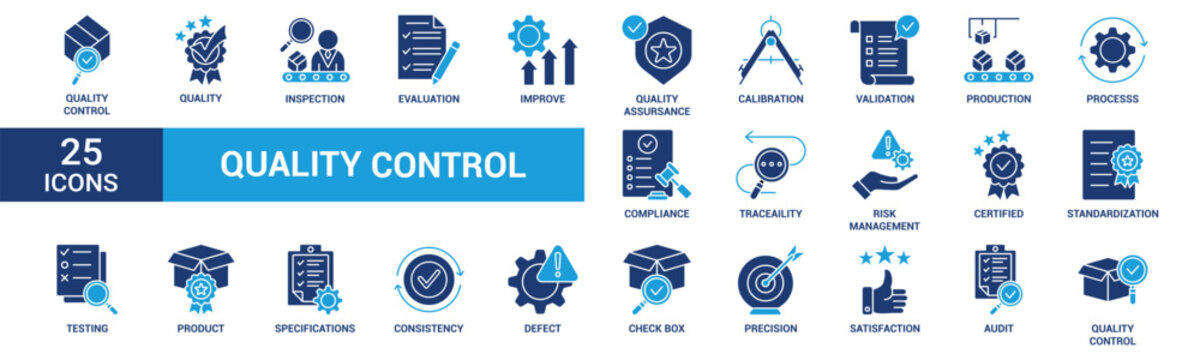 Quality control icon set. Containing inspection, evaluation, product, quality assurance, process, testing and more. Solid vector icons collection.