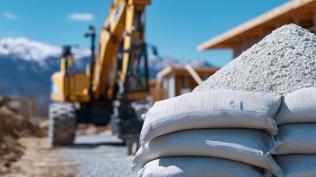 Close-up of 123 gypsum plaster bags in a construction zone with a powdery surface and a blurred mixer in the background.