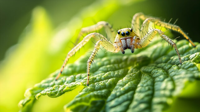 Pale yellow spider on green leaf