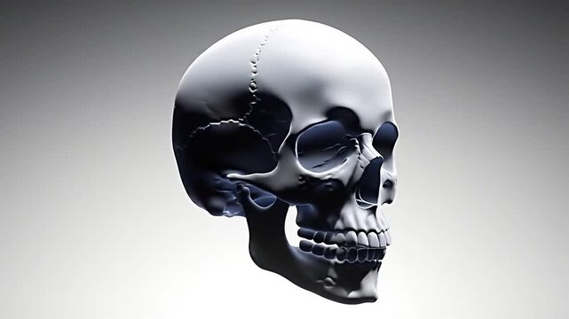 Detailed three-dimensional rendering of a human skull, showcasing anatomical features and bone structure.