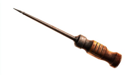 Sharp metal tool with  long thin point and  weathered wooden handle is shown on  white background