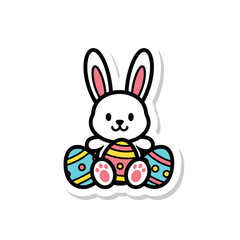 Obraz premium Cute Easter Bunny with Colorful Eggs Sticker Design
