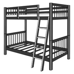 Simple wooden bunk bed with ladder and guardrails