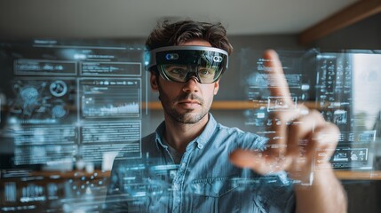 Man using augmented reality glasses for data analysis and virtual interface interaction in future technology