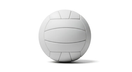 A single white volleyball with distinct panels sitting on a white surface casting a shadow below it