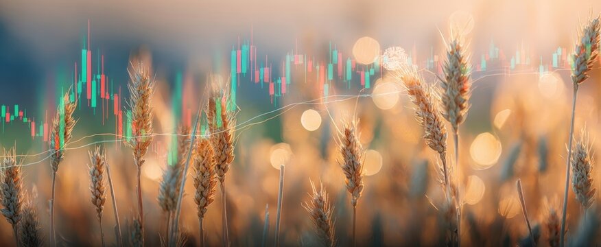 The wheat stalks in golden field with financial stock chart overlay at sunset - Powered by Adobe