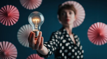 Polka-dot figure holding glowing bulb with pink fans on blue for International Women's Day art.