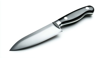 Obraz premium Single sharp kitchen knife with sleek black handle and polished steel blade is isolated on clean white background 