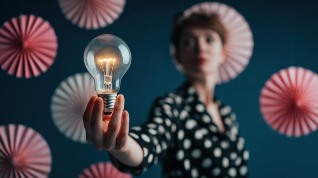 Polka-dot figure holding glowing bulb with pink fans on blue for International Women's Day art. - Powered by Adobe