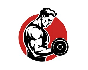 Muscular man lifting dumbbell in red circle emblem