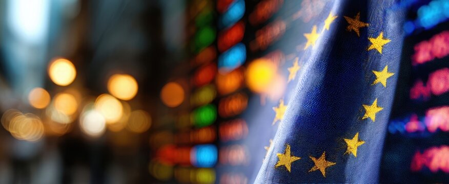 [The European Union flag in focus against blurred stock market ticker background at night]