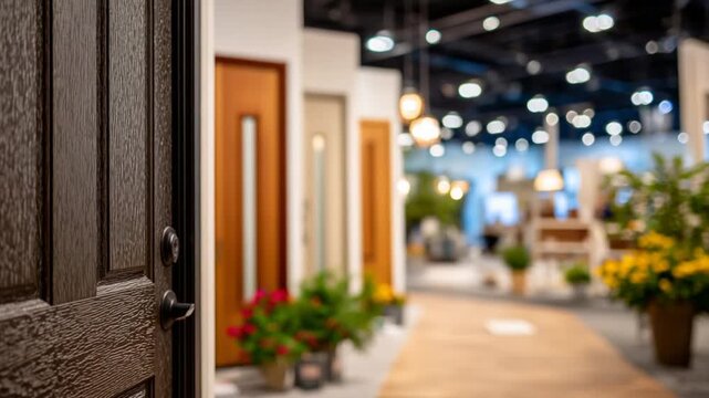 Explore our collection of 147 fiberglass entry doors with detailed textures and panel grooves, set against softly blurred lighting fixtures.