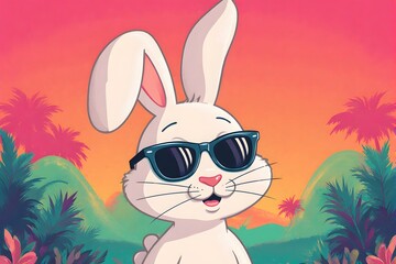 White rabbit with sunglasses in a tropical sunset.