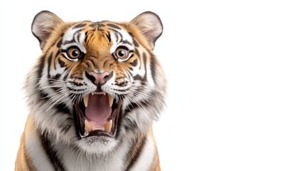 Fototapeta premium Wild white Bengal tiger with black stripes and feline head portrait is isolated on white background