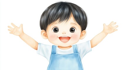 Fototapeta premium Joyful young child with bright smile raises his arms up high in gesture of pure happiness and celebration expressing innocent delight and freedom in moment of pure bliss
