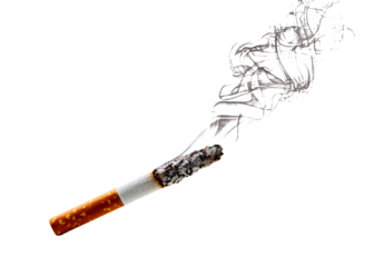Burning cigarette with artistic white smoke swirls, powerful visual