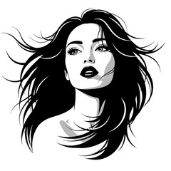 Woman with Flowing Hair Elegant Black White Illustration