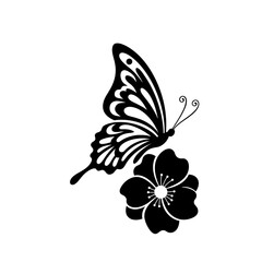 Butterfly and Flower Black Silhouette Vector Illustration