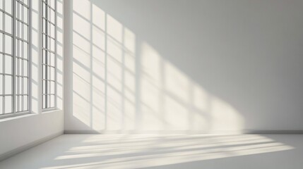 Empty white room with large window casting sunlight shadows on the wall.