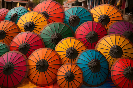 Colorful traditional paper umbrellas arranged in vibrant artistic pattern design, handcrafted parasol display showing cultural craftsmanship, market decoration concept with bright multicolor circular - Powered by Adobe