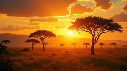 Obraz premium Sunset Over African Savanna with Silhouetted Acacia Trees and Vibrant Sky