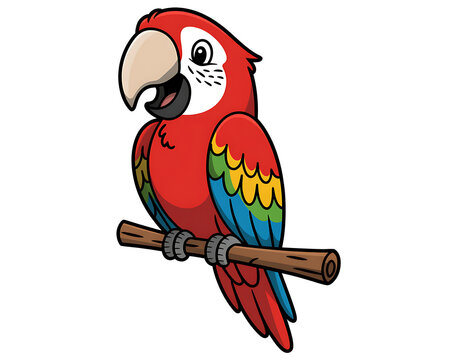 Cute cartoon red macaw parrot perched on a branch