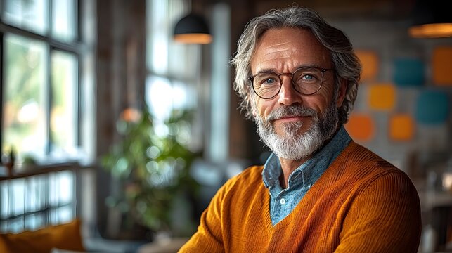 A business retiree attending a workshop on passive income strategies  long title A mature bearded man in an orange sweater sits contemplatively in an