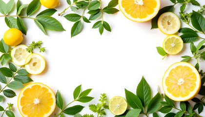Fresh lemons and green leaves arranged in a circular frame  