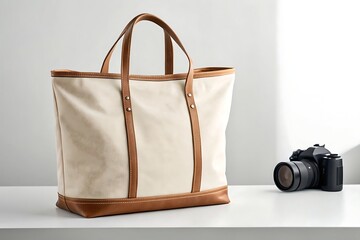 A canvas tote bag with leather trim and a dslr camera on a white table in a studio setting