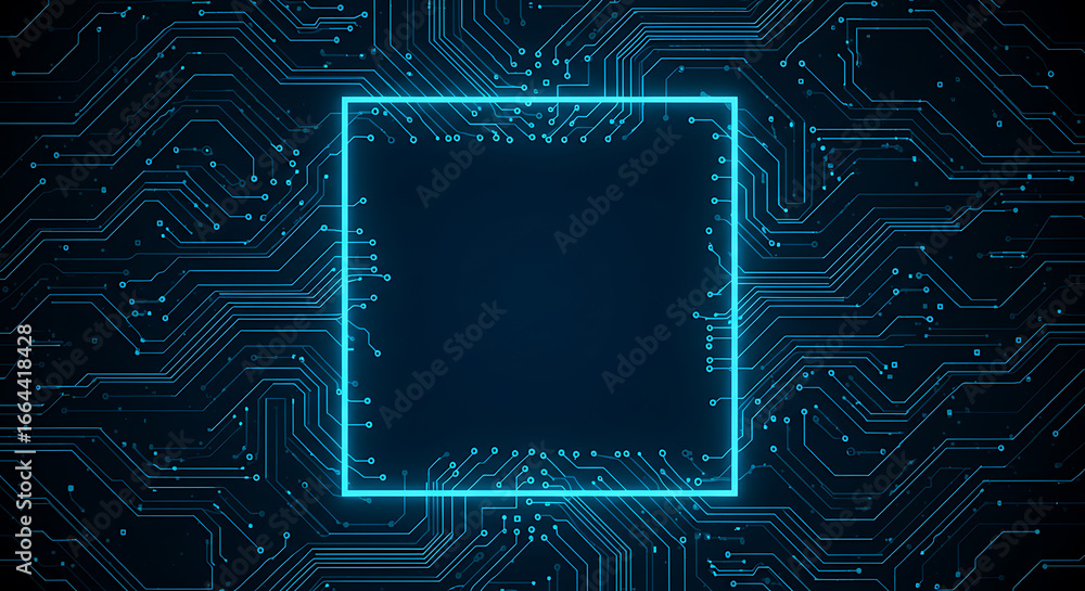 Poster glowing neon blue rectangle frame centered over abstract dark circuit board pattern isolated on whit