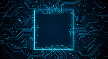 Glowing neon blue rectangle frame centered over abstract dark circuit board pattern isolated on white background