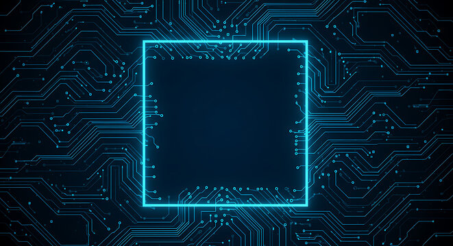 Glowing neon blue rectangle frame centered over abstract dark circuit board pattern isolated on white background - Powered by Adobe