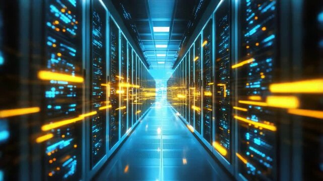 A high-tech corridor in a data center, illuminated with blue and orange lights - Powered by Adobe