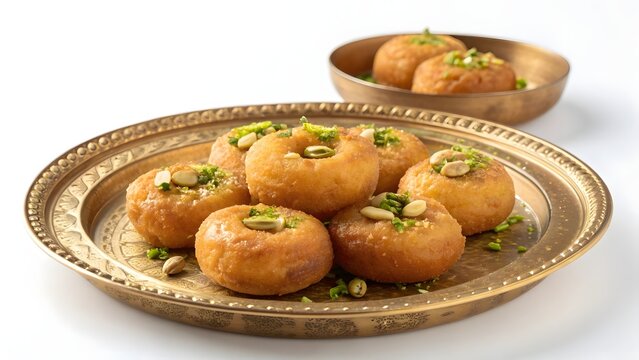 Traditional Indian sweet Balushahi (Badusha) served on a golden plate